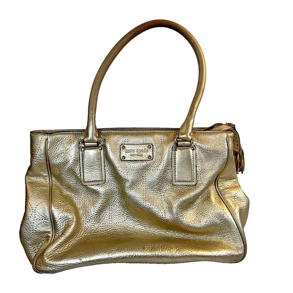 Vtg Kate Spade Westbury Opus Metallic Gold Pebbled Leather Tote Bag Polka Dot EU